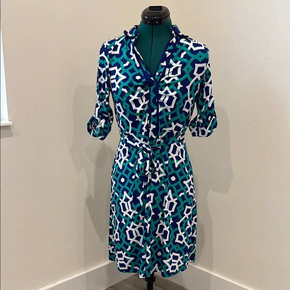 INC SIZE SM Geometric Blue and Green Dress